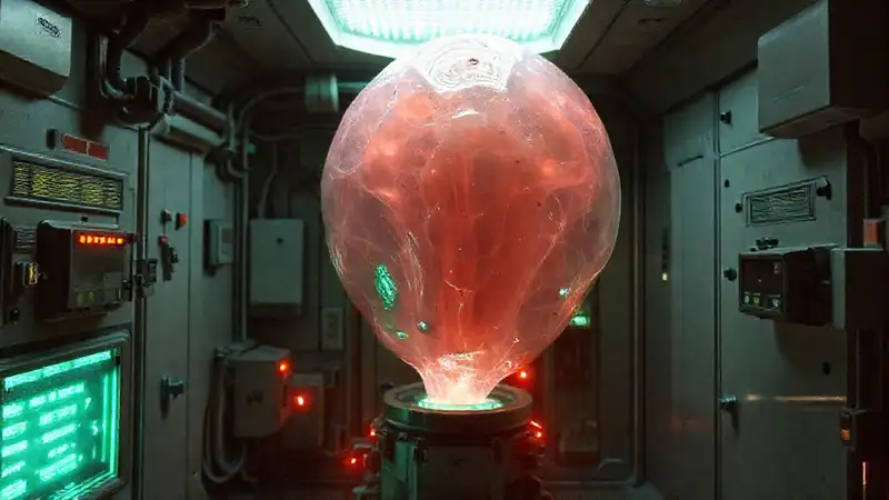 Laboratorio futurista con energía misteriosa y seguridad