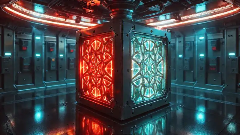 Cubo metálico con patrones y energía misteriosa