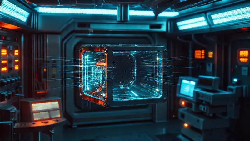 Prisma metálico con indicadores en un entorno futurista