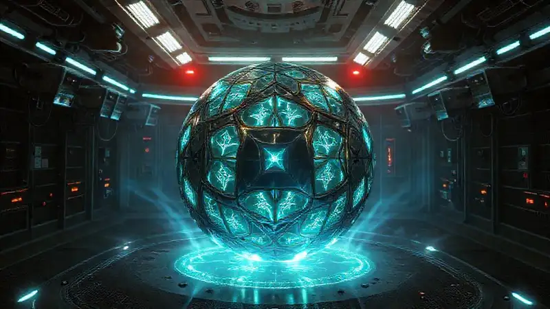 Esfera metálica sospechosa en cámara futurista